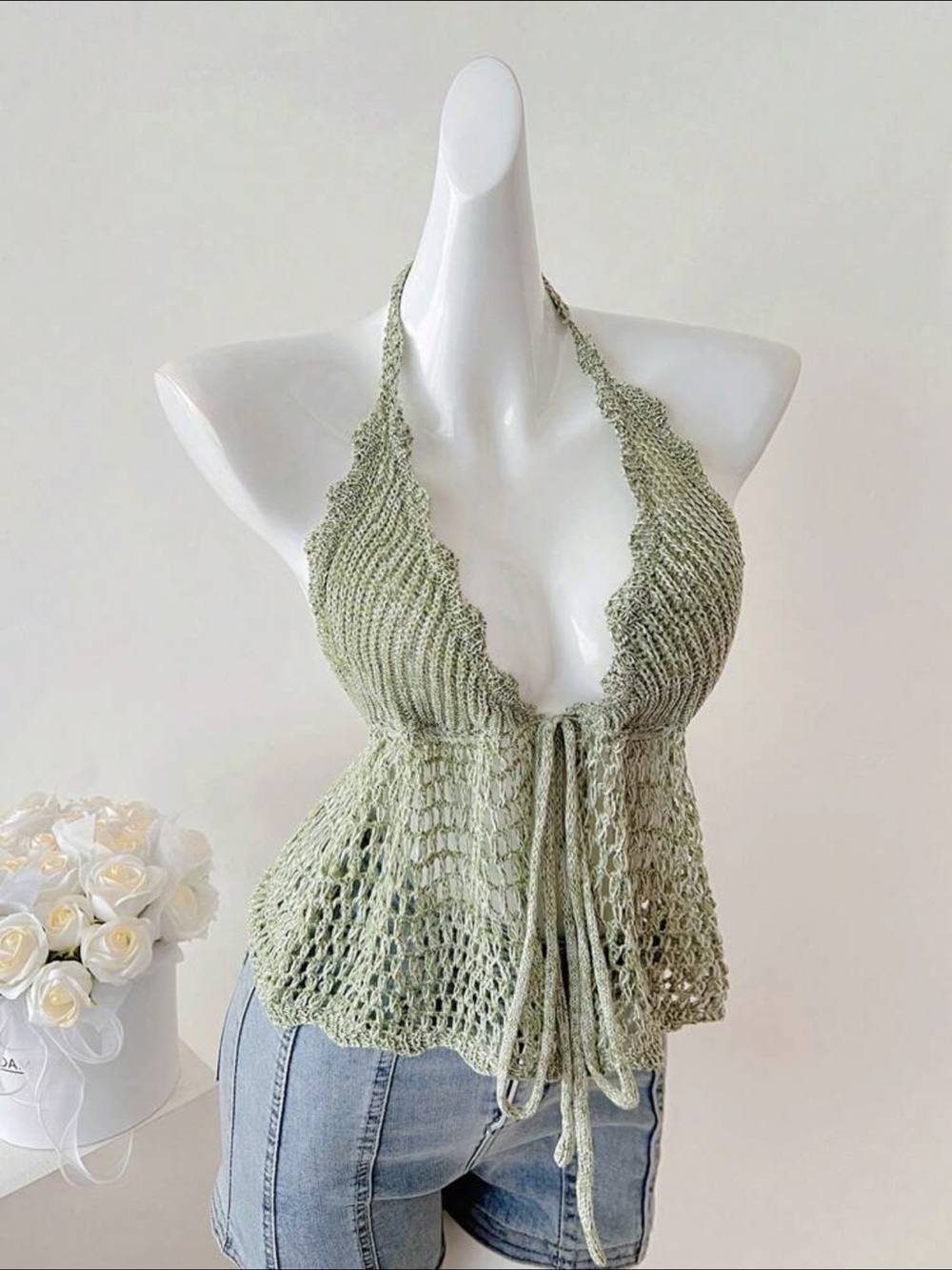 SHEIN Sage Green Crochet Halter Tie-Front Camisole